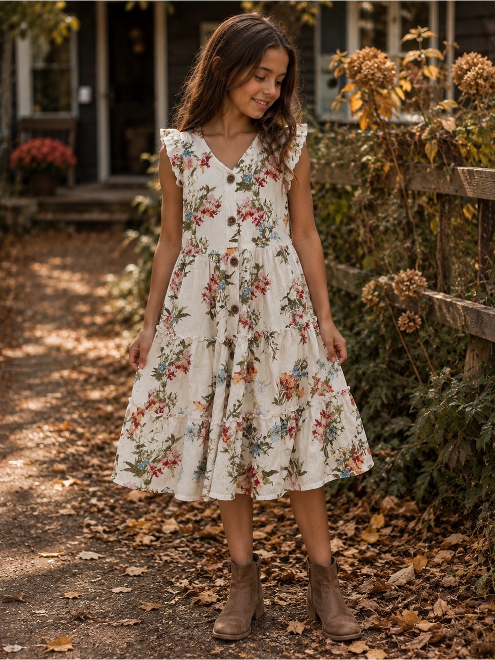 Cream Floral Tiered Button-Front Girls Dress